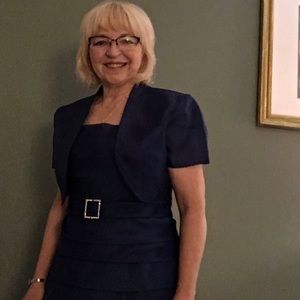 Sapphire blue dress, spaghetti straps, cropped jacket. Size 12